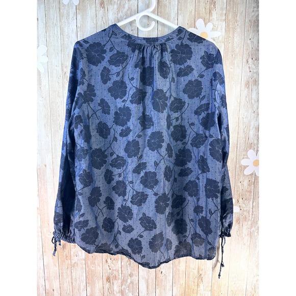 Liz Claiborne Womens Top Sz L Blue Floral Pin Dots Long Sleeves Tie Cuffs V Neck - Picture 2 of 8